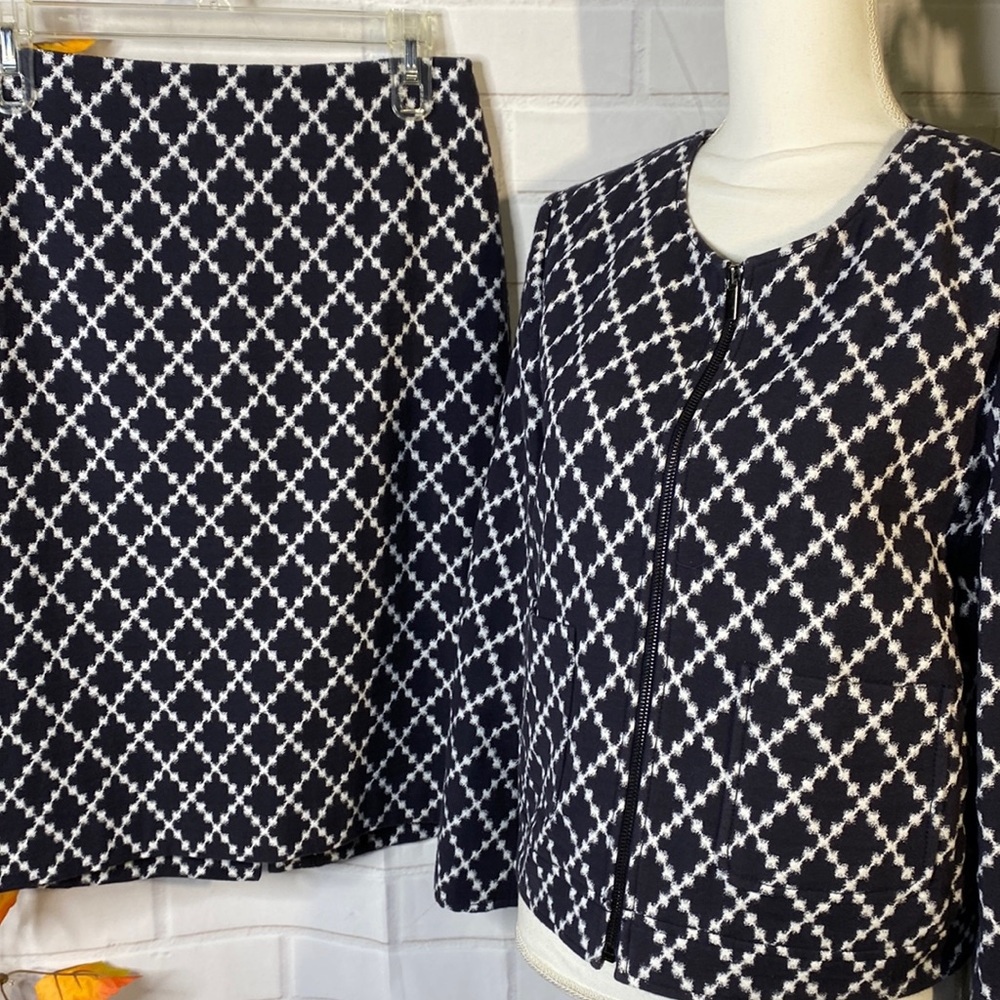 Ann Taylor Navy Blue Tweed Skirt Suit Zip Blazer Jacket womens 10 M L Work Set